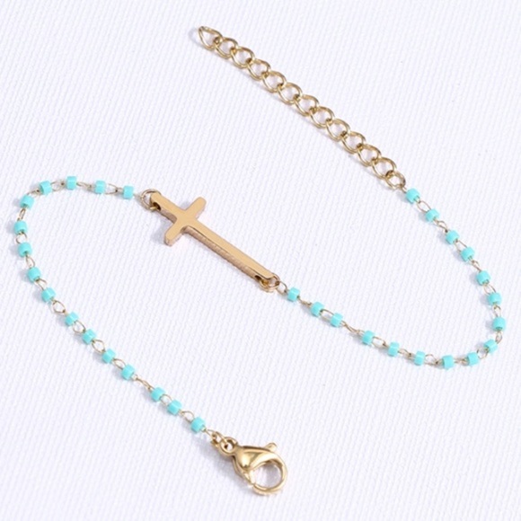 NWT Sideways Cross Beaded Bracelet Gold +Teal Blue - Picture 8 of 8